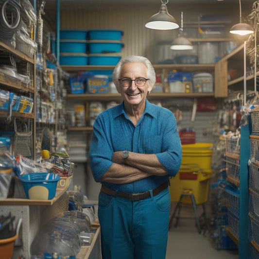 A tidy, well-lit garage with a senior adult (60s-70s) in the background, wearing a pair of glasses and a smile, standing in front of a neatly organized pegboard with labeled bins and tools.
