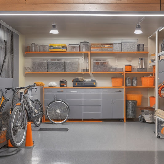 A well-lit, organized garage with a sleek epoxy floor, gray and orange color scheme, and clever storage solutions such as a pegboard, hanging bikes, and labeled bins.
