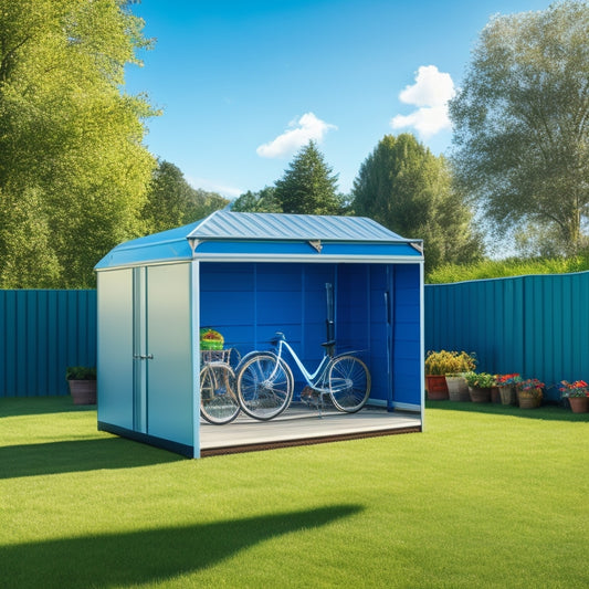 A sleek, silver portable garage with a sturdy metal frame, standing on a lush green lawn, surrounded by gardening tools and a few bicycles, with a bright blue sky in the background.