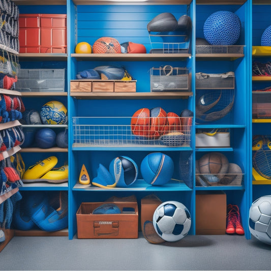 A cluttered sports equipment room with scattered gear, transitioning to an organized space featuring a sturdy, wall-mounted shelving unit with labeled bins, holding neatly arranged basketballs, soccer balls, and hockey gear.