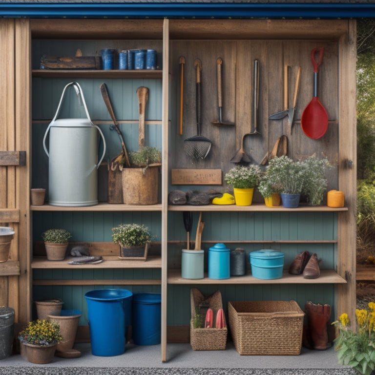 A tidy gardening shed with a pegboard displaying neatly hung tools, including a rake, trowel, and pruners, alongside a wooden crate filled with gloves, seed packets, and a watering can.