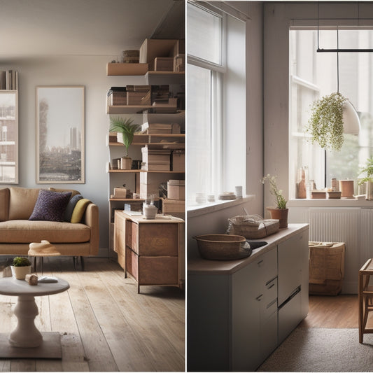 A split-screen image: a cluttered, cramped apartment on one side, with stacked boxes and worn furniture, and a spacious, modern home on the other, with a minimalist aesthetic and abundant natural light.