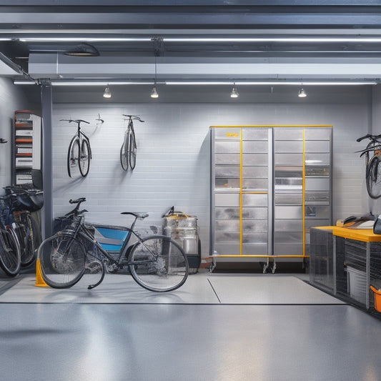 A modern, well-lit garage with sleek, gray epoxy floor, featuring a slatwall with hanging bikes, tools, and bins, alongside a storage loft with clear acrylic shelves and a matching workbench.
