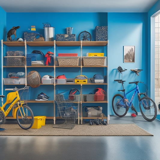 A clutter-free, well-organized garage with a mix of overhead storage bins, wall-mounted bike racks, and floor-to-ceiling shelving units, surrounded by happy, active children and their various sports equipment.