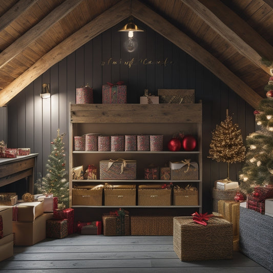 A tidy, organized attic or storage room with labeled bins, stacked ornament boxes, and neatly coiled strings of fairy lights, surrounded by soft, warm lighting and a few festive holiday decorations.