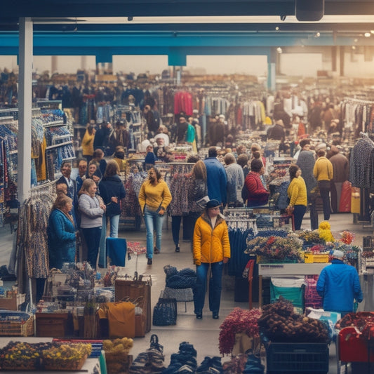 A colorful illustration of a well-organized garage sale with neatly arranged tables, vibrant signs, and a crowd of happy customers browsing through racks of clothing and shelves of household items.