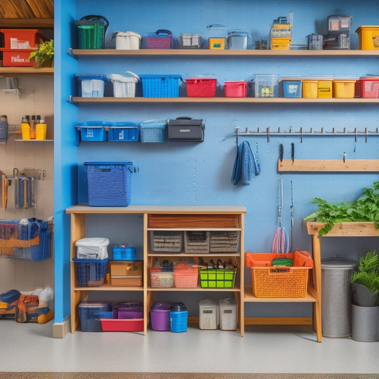 A clutter-free garage interior with a slatwall featuring hooks, bins, and baskets, a pegboard with organized tools, and a sleek shelving system with labeled storage containers.