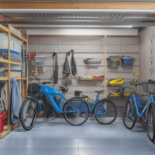 A clutter-free garage interior with three cars parked, surrounded by organized storage systems: slatwall with hooks, bins, and baskets, overhead racks for bikes and luggage, and a pegboard with tools.