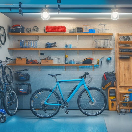 A tidy, well-lit garage with a sleek, silver Pegboard covering one wall, adorned with neatly organized tools and accessories, surrounded by a few bicycles and a sports car.