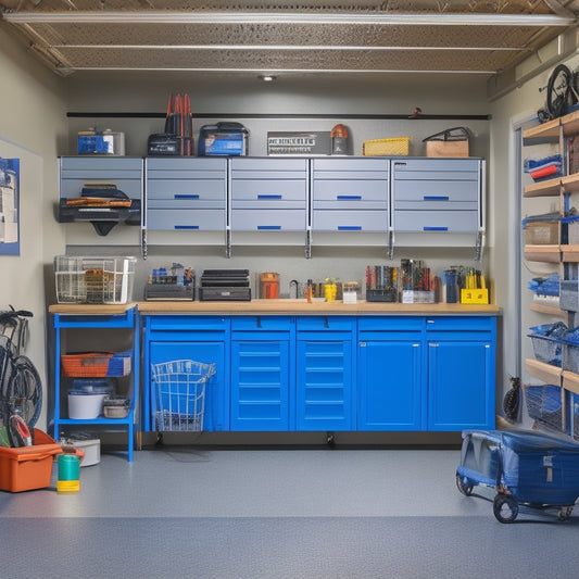 A clutter-free garage with a slatwall featuring mounted bins, hooks, and a foldable workbench, alongside a parked car, with a few organized toolboxes and labeled storage containers on the floor.