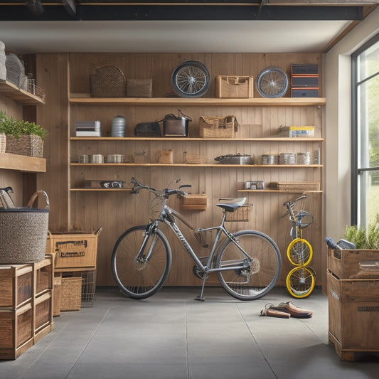 A tidy garage with a mix of repurposed crates, baskets, and hanging organizers in a small, neutral-colored space, with a few bicycles and tools neatly stored away.