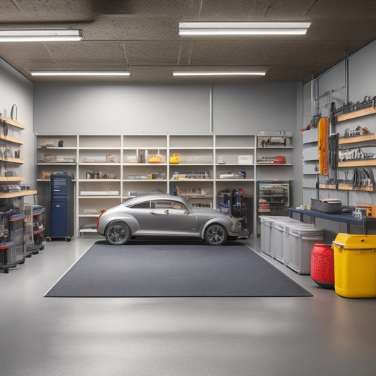 A well-lit, clutter-free garage with a sleek, gray epoxy-coated floor, featuring a pegboard with neatly hung tools, a shelving unit with labeled bins, and a car parked in the center.