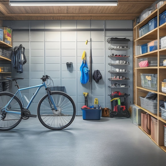 A well-organized garage interior with sleek, silver metal shelving units, labeled bins, and a slatted wall system holding various tools, bikes, and storage containers, illuminated by soft, natural light.