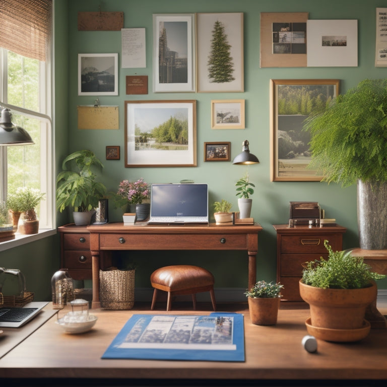 A serene, well-lit home office with a tidy desk, labeled file cabinets, and a corkboard with colorful push pins, surrounded by lush greenery and a few framed family photos.