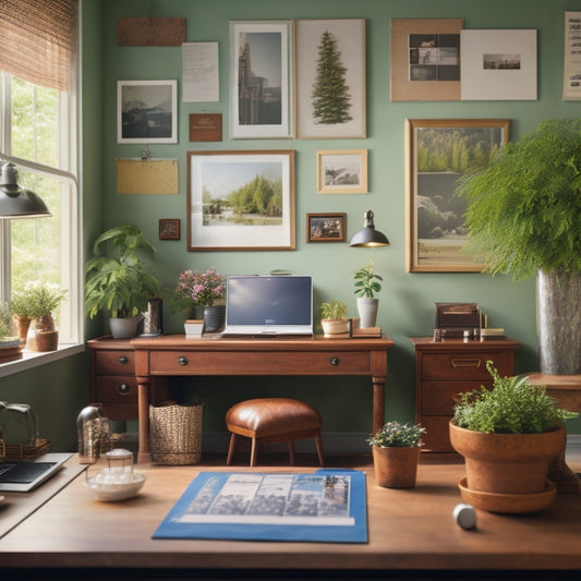 A serene, well-lit home office with a tidy desk, labeled file cabinets, and a corkboard with colorful push pins, surrounded by lush greenery and a few framed family photos.