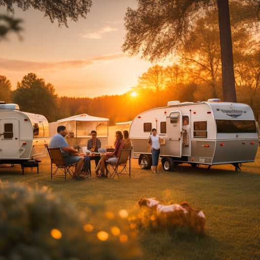 A circular gathering of TrailManor travel trailers, surrounded by lush greenery, with owners engaged in lively discussions, gesturing emphatically, amidst a warm sunset glow.