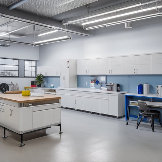 A bright, modern garage interior with sleek medical equipment, a reception desk, and a waiting area with comfortable chairs, contrasting with a cluttered, dimly lit garage in the background.
