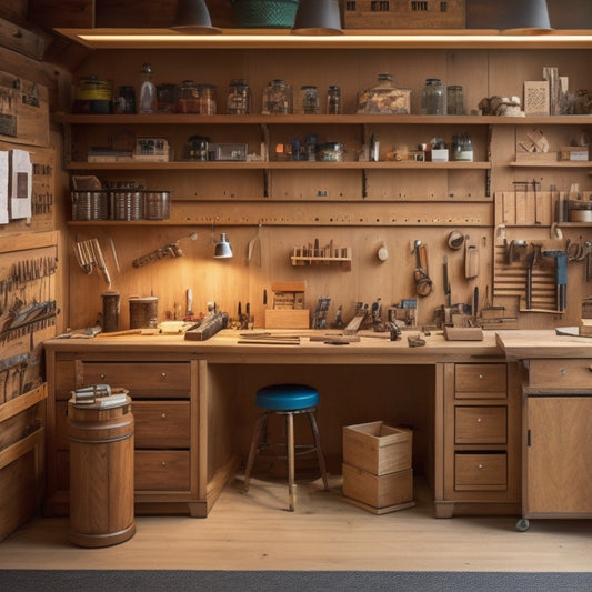 A clutter-free woodshop with wooden cabinets, pegboards, and labeled bins, featuring a central workstation with a vice and a variety of neatly organized tools and materials.