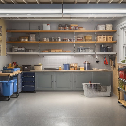 A well-organized garage interior with a sleek epoxy floor, neatly arranged storage bins, and a pegboard with hanging tools, illuminated by soft, natural light pouring in through a window.