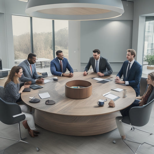 A modern, sleek, and minimalist office space with a diverse group of entrepreneurs and business professionals gathered around a large, circular, wooden table, surrounded by laptops, notebooks, and coffee cups.