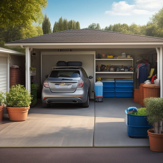 A tidy garage with a parked car, organized shelves, and bins labeled with icons, surrounded by a subtle neighborhood background with manicured lawns and a few trees.