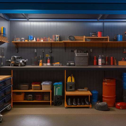 A well-lit, organized garage with a slatwall featuring hooks, bins, and a pegboard, a labeled shelving unit, and a sleek, black epoxy-coated floor reflecting a tidy workbench.