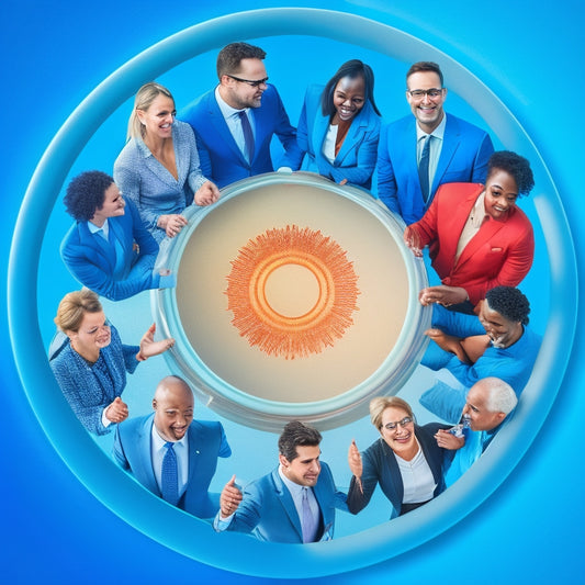 A stylized, interconnected network of diverse business professionals, each represented by a unique icon, forming a strong, cohesive circle, radiating energy and success, set against a bright, gradient blue background.