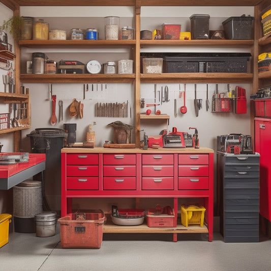 A clutter-free garage workshop with various tool storage containers, including a red metal chest, a stack of clear plastic bins, and a pegboard with hanging tool organizers.