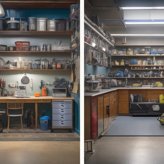 A before-and-after split-screen image: a cluttered, dimly lit garage with old cabinets and tools scattered everywhere, contrasted with a bright, organized space featuring sleek metal shelving, epoxy-coated floors, and a workstation with a vice.