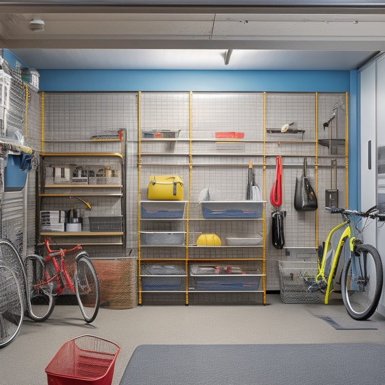 A tidy garage interior with a slatwall organizers, labeled bins, and a pegboard, featuring a few well-placed tools, a bicycle, and a car with a faint outline of a cityscape through the open door.