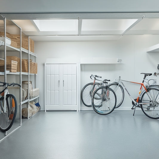 A well-organized garage with sleek, white shelving units, storage bins in various sizes, and bicycles hung from the ceiling, surrounded by a tidy, gray concrete floor and warm, natural lighting.