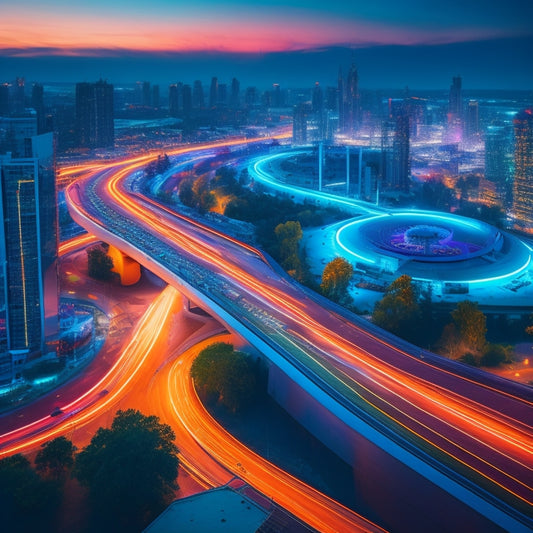 A futuristic, neon-lit cityscape at dusk, with sleek skyscrapers and winding roads, featuring a massive, glowing blueprint of a shop manual unfolding from the center, with gears and tools orbiting around it.
