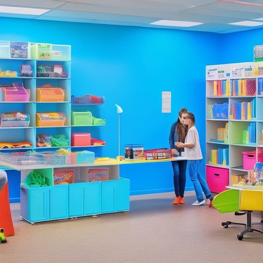 A colorful, organized classroom with sleek, modular shelving units, transparent storage bins, and a rotating bookcase, surrounded by diverse, engaged students working collaboratively in small groups.