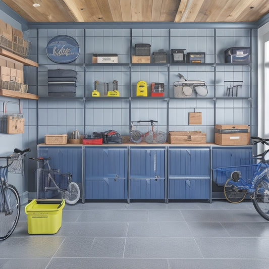 A clutter-free garage interior with a sleek, gray epoxy floor, organized toolboxes, labeled bins, and a slatwall with hooks, baskets, and a few carefully placed bicycles and sports equipment.