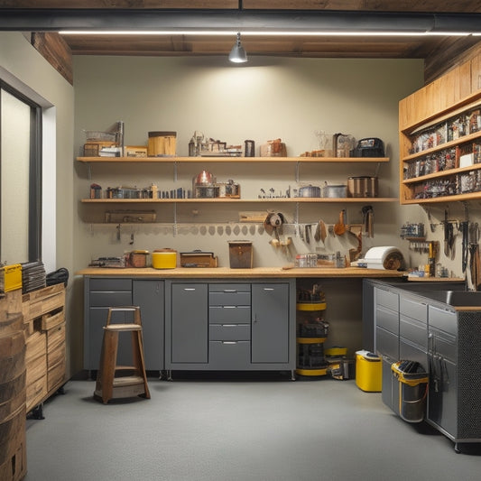 A cluttered garage with tools scattered on the floor, contrasting with a sleek, organized space featuring custom-built cabinets with sliding drawers, a pegboard, and a workstation with a vice.