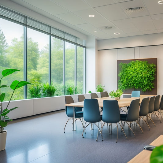 A bright, modern, and minimalist training room with sleek tables, ergonomic chairs, and a large glass whiteboard wall, surrounded by lush green plants and floor-to-ceiling windows.