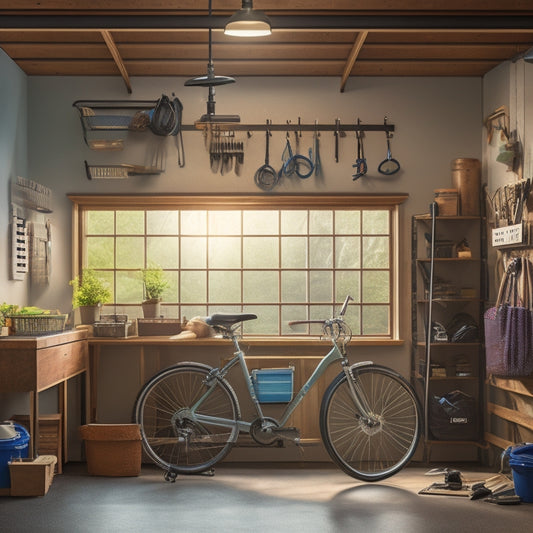 A clutter-free garage with a slatwall, hooks, and bins, featuring a organized workbench, a suspended bike, and a labeled pegboard, illuminated by natural light pouring in through a frosted window.