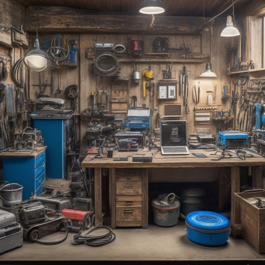 A cluttered garage workshop with various tools and machinery, surrounded by digital devices such as tablets, smartphones, and laptops, with wires and cables connecting them to a central hub.