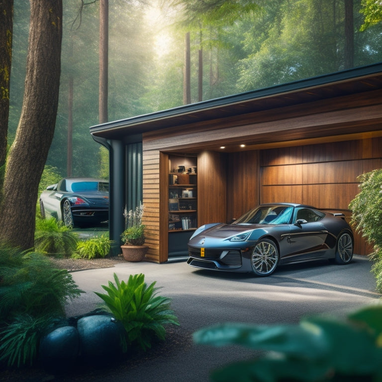 A sprawling, modern garage with sleek, silver doors, surrounded by lush greenery, featuring a polished, dark wood workbench, and a gleaming, black sports car parked inside.