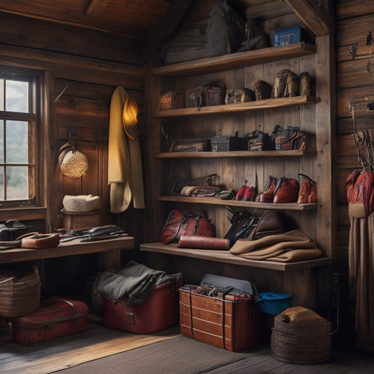 A rustic, dimly lit cabin interior with a wooden wall-mounted rack holding various hunting gears like rifles, bows, and backpacks, surrounded by hooks, shelves, and storage bins.