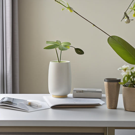 A serene, minimalist workspace with a tidy desk, a few carefully placed office supplies, and a single, blooming orchid in a delicate vase, set against a soothing, creamy background.