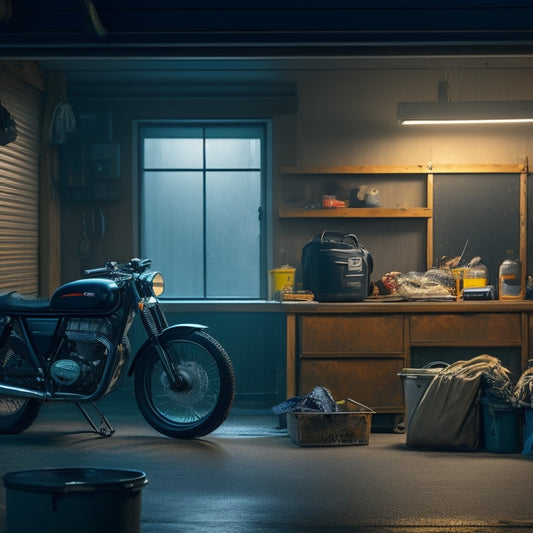 A dimly lit garage with a motorcycle covered in a breathable cloth, surrounded by storage bins and a toolbox, with a subtle winter landscape visible through a frosty window.