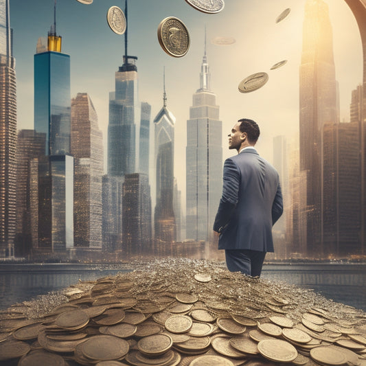 A bright, modern illustration featuring a person surrounded by coins and dollar bills swirling around them, with a cityscape or financial district in the background.