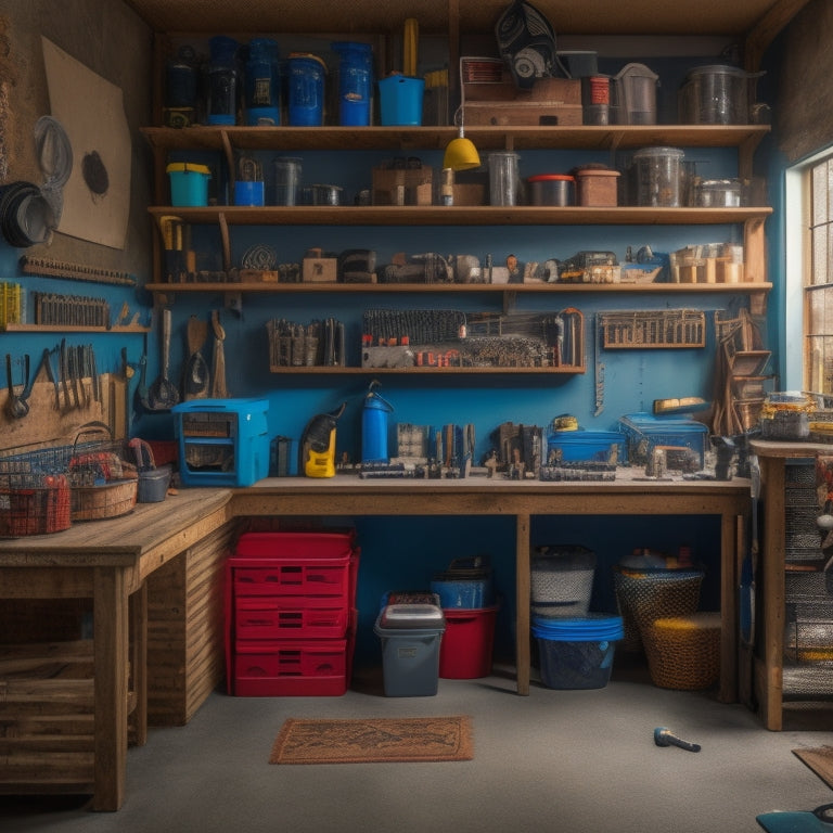 A cluttered small garage with tools and storage bins scattered everywhere, contrasted with a clean and organized garage in the background, featuring labeled bins, a pegboard, and a tidy workbench.