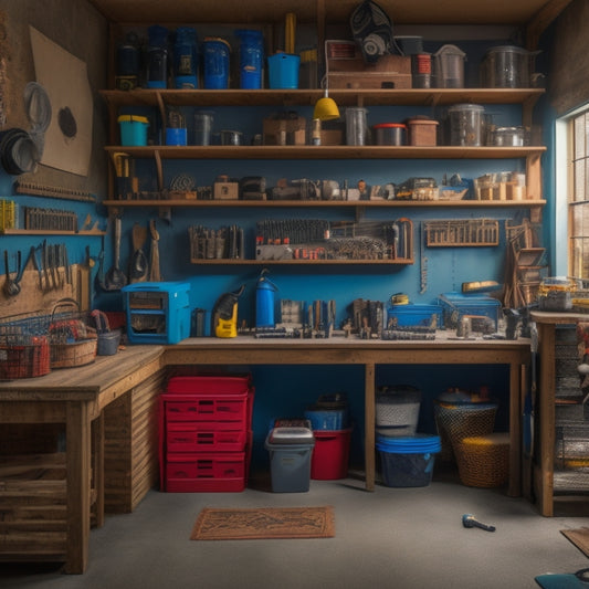 A cluttered small garage with tools and storage bins scattered everywhere, contrasted with a clean and organized garage in the background, featuring labeled bins, a pegboard, and a tidy workbench.