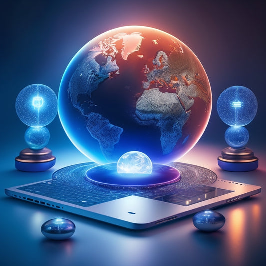 A futuristic, minimalist illustration featuring a stylized, glowing globe surrounded by orbiting laptops, tablets, and smartphones, with subtle, swirling digital patterns and soft, pulsing lights.