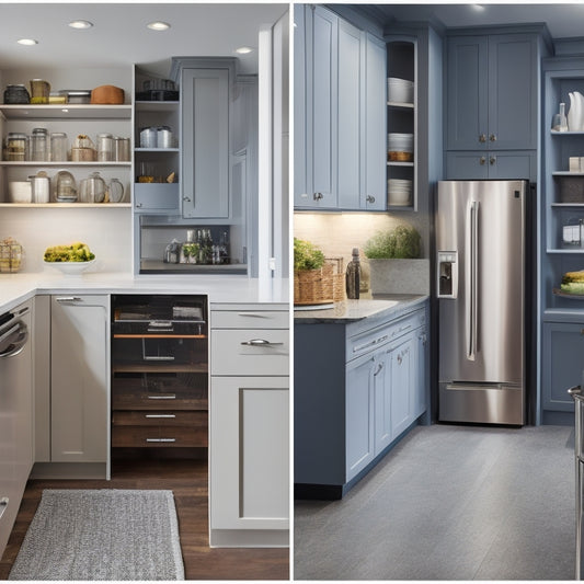A modern kitchen with sleek, handle-less cabinets, featuring a pull-out pantry with stacked baskets, a slide-out trash can, and a hidden appliance garage with a retractable door.