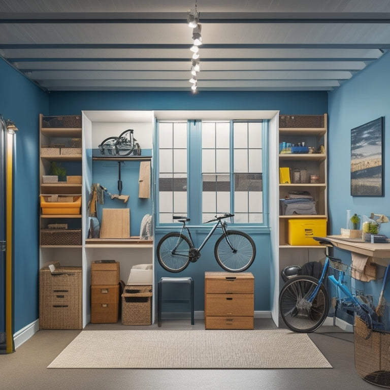 A clutter-free garage apartment with a Murphy bed, foldable workbench, and storage cubes on walls, alongside a compact shelving unit and a bicycle hung from the ceiling.