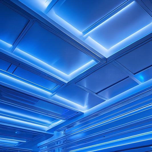 A futuristic, sleek, and silver ceiling with recessed, glowing blue LED lights, featuring a series of retractable, transparent storage trays descending from the sky, with subtle, rounded edges.