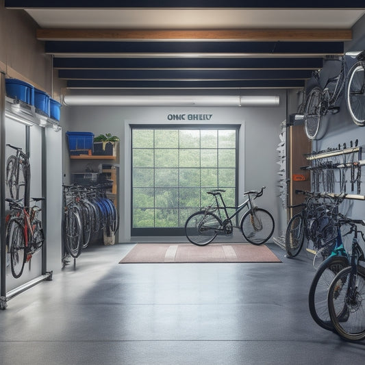 A well-organized garage interior with a sleek epoxy floor, slatwall with neatly hung bikes, tools, and accessories, and a few cars parked in the background, with natural light pouring in.